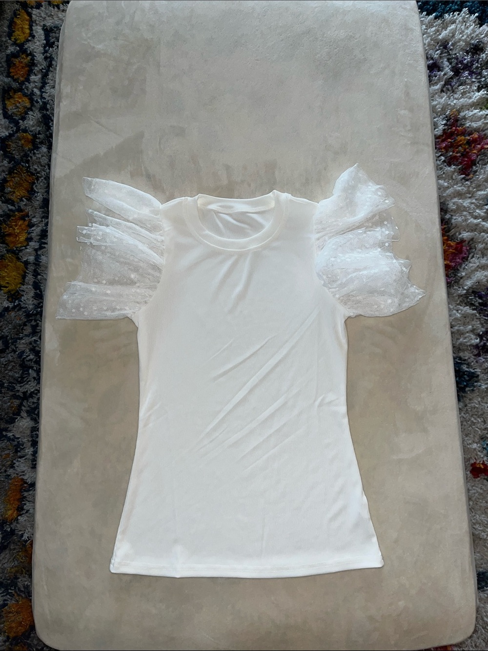 Women's White Puff Sleeve Tee with Lace Detail